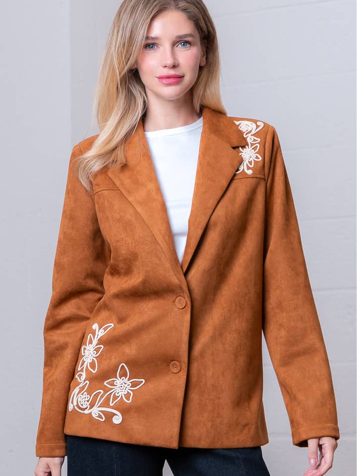 HJ75221T-BLAZER DE MANGA COMPRIDA COM DECOTE EM V E BORDADO DE FLORES por atacado de Taelynn