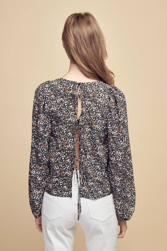 Petal Dew - Wholesale Blouse - Women's - FLORAL PRINT FRILLY TOP BLACK LACE UP - P0008310