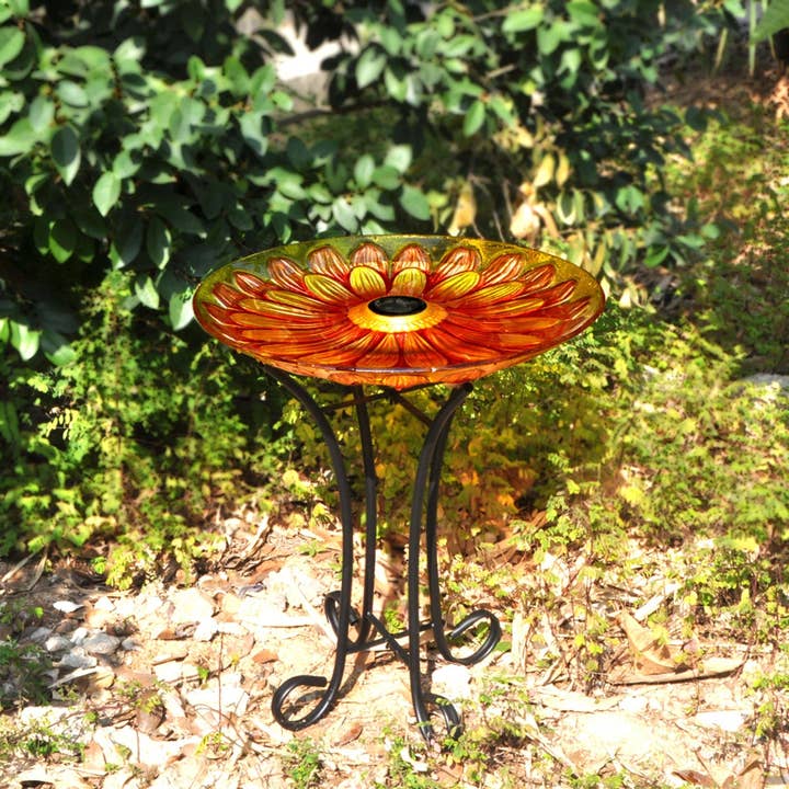 Hi-Line Gift Ltd. - Wholesale Bird Bath - Solar Floral Glass Bird Bath With Stand