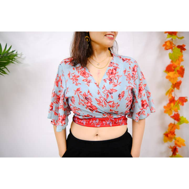 Top corto avvolgente in stile boho a mezza manica per la vendita all'ingrosso da parte di Karma Nepal Crafts