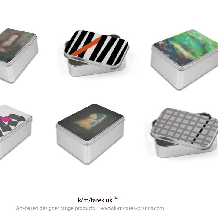 Art-based designer range tin boxes by K. M. Tarek UK for wholesale by K. M. TAREK DESIGNER BRANDS INT'L GROUP (UK) LTD