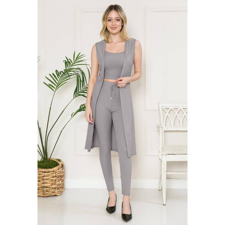 3PCS SET RIBBED SPAGHETTI STRAP JOGGERS WITH CARDIGAN for wholesale by JHP Collection