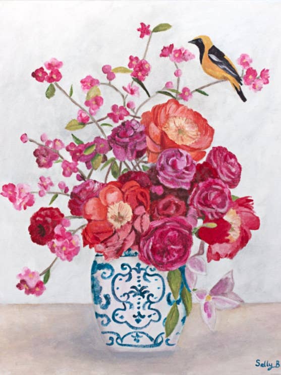 Impression d'art chinoiserie avec oiseau et bouquet de grandes fleurs pour la vente par Sally B