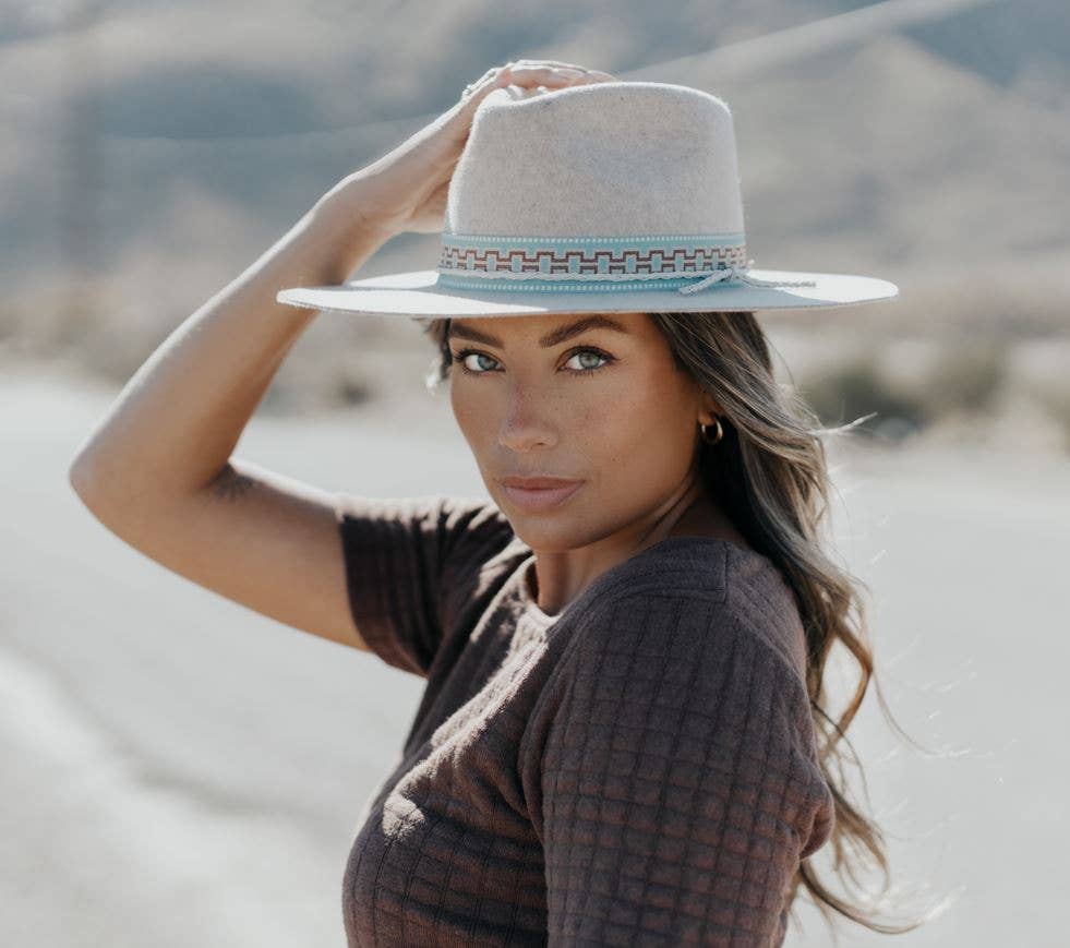 Oatmeal Wide Brim Wool Felt Fedora Rancher Hat - Style Maldives Moon for wholesale on Faire7