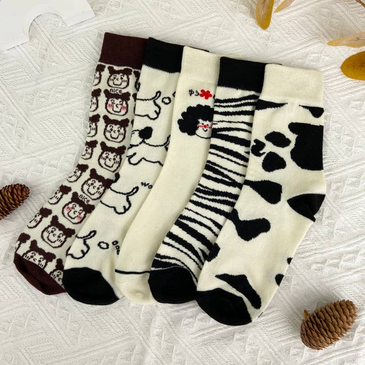 mildstyles - Wholesale Socks - Women's - Black and white cartoon mid-calf cute trendy socks
