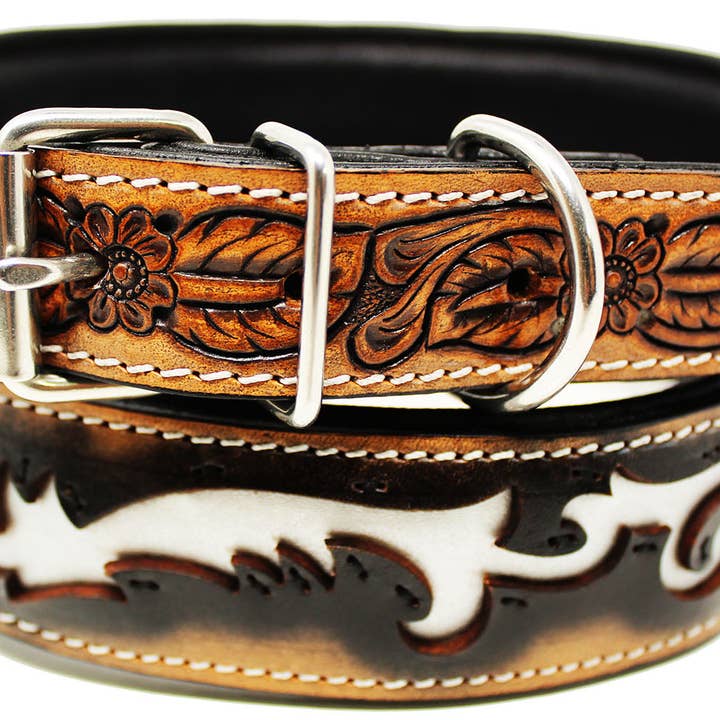 Tan Brown Fire Challenger Heavy Duty Padded Leather Dog Collar w/ Tribal Inlay 60FK06 for wholesale on Faire