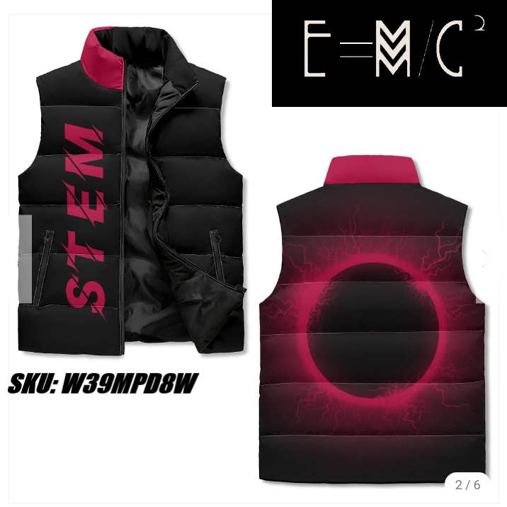 E=M/C2 Gilet imbottito unisex con colletto alla coreana e zip nero per la vendita all'ingrosso da parte di E=M/C2