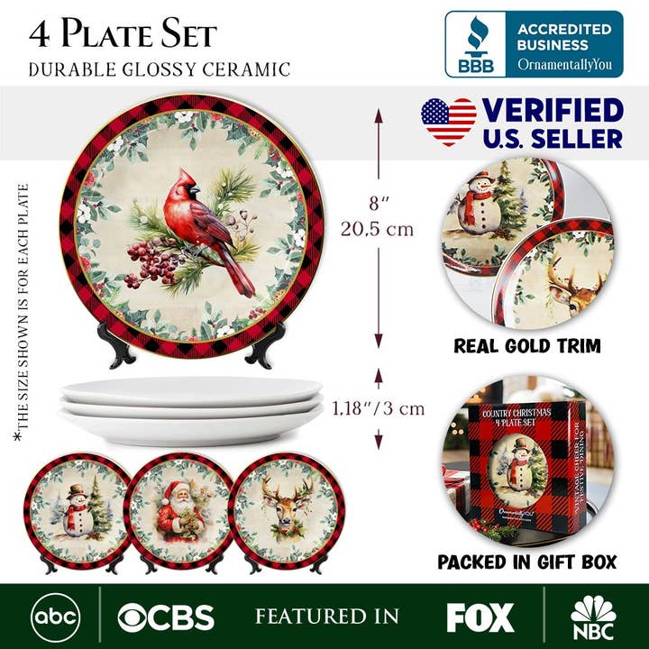OrnamentallyYou - Wholesale Dinnerware Set - Holiday Cheer Set of 4 Plates with Real Gold Plaid Trim1