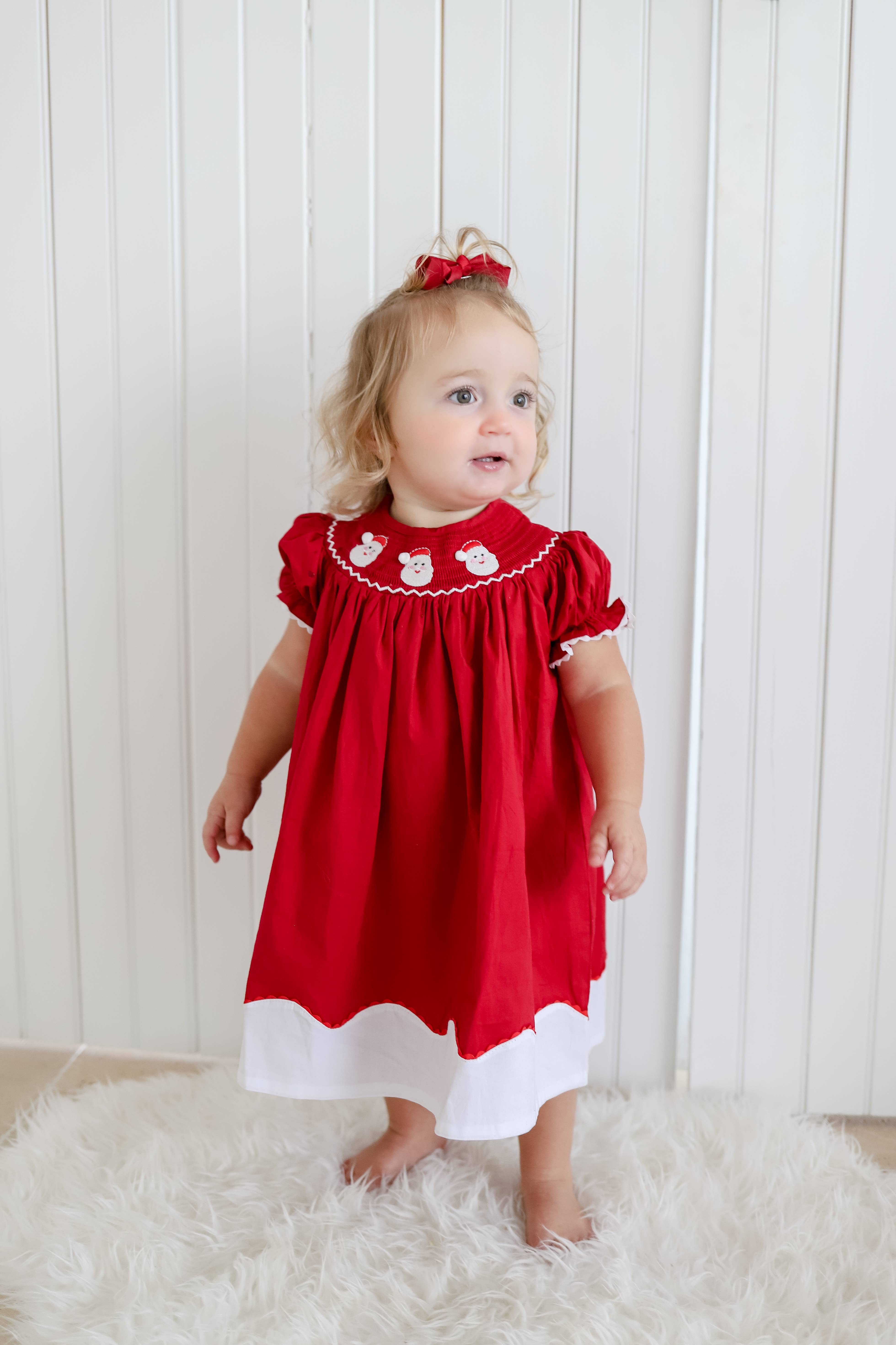 Lil Cactus - Wholesale Dress - Kids - Red and White Santa Smocked Bishop Dress1