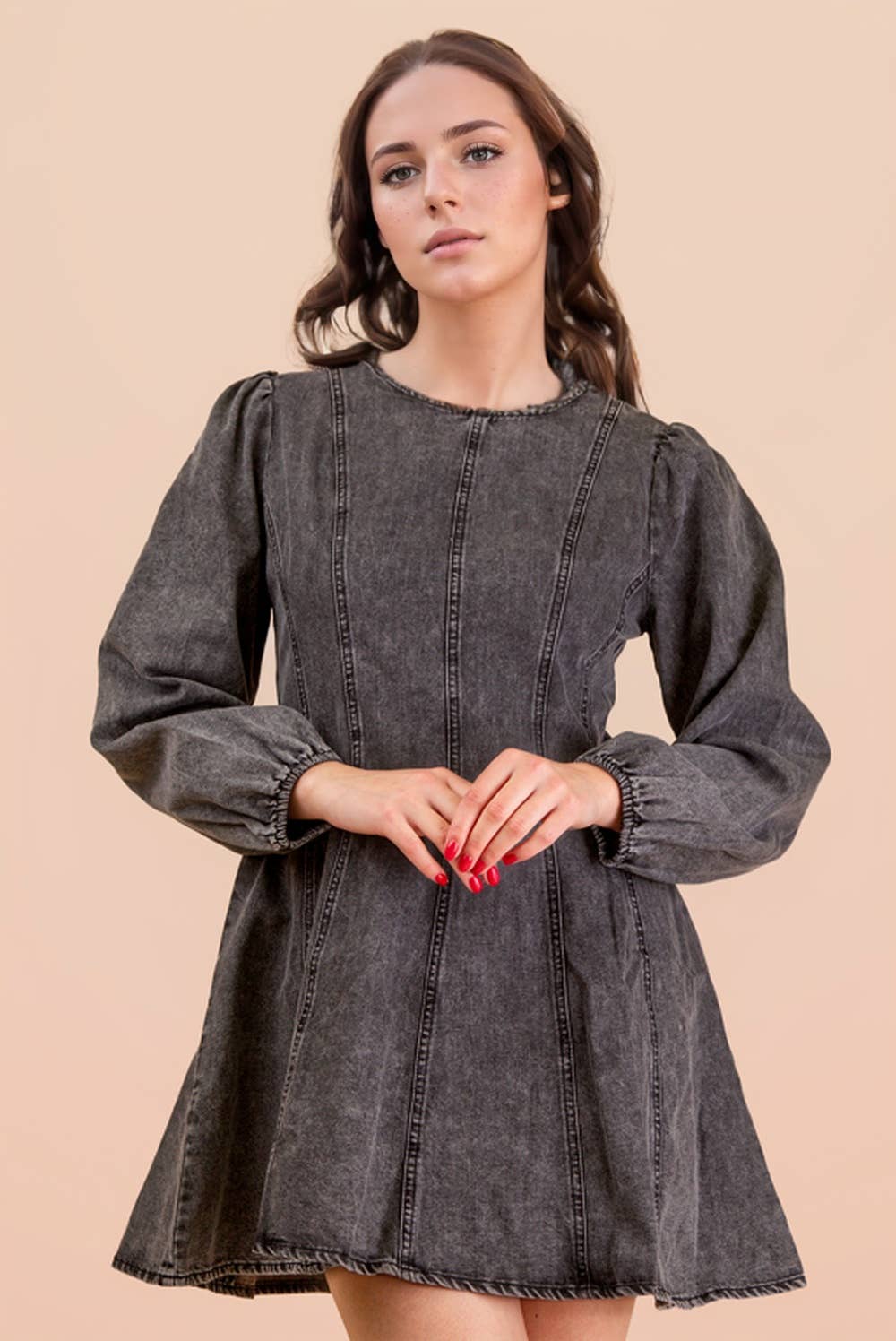 VERY J - Wholesale Dress - Women's - ND31817-Mineral Washed Denim Seam Detail Mini Dress0