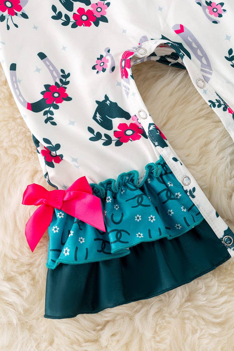 Kids Charm Online - Wholesale Jumpsuit - Baby - Horseshoe printed on white baby romper with ruffle hem. RPG52076 AMY2