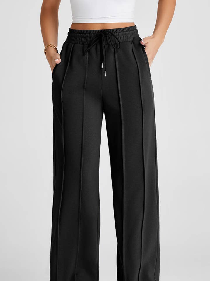 Black Seamed Drawstring High Waist Wide Leg Sweatpants for wholesale by Sweet Lover Fashion