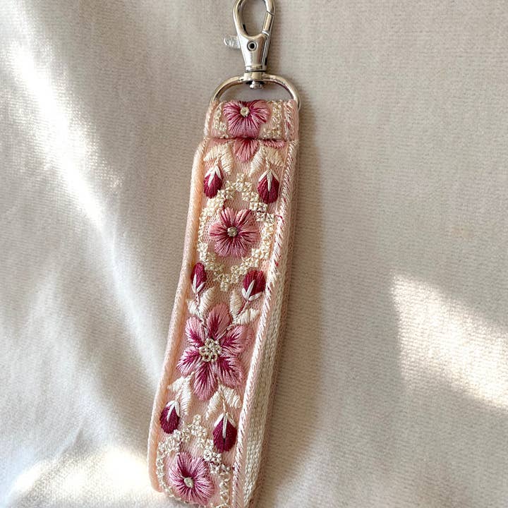 Temple of Treasure - Wholesale Keychain - Women's - Frost Bloom ~ floral fabric keychain with hook ~ pink