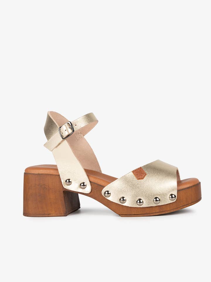 Wooden Studded Sandal Mastique Gold Leather for wholesale by POPA