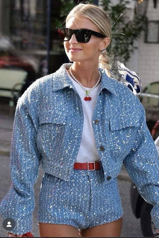 BLUE sequins crop denim jacket and shorts set for wholesale on Faire2