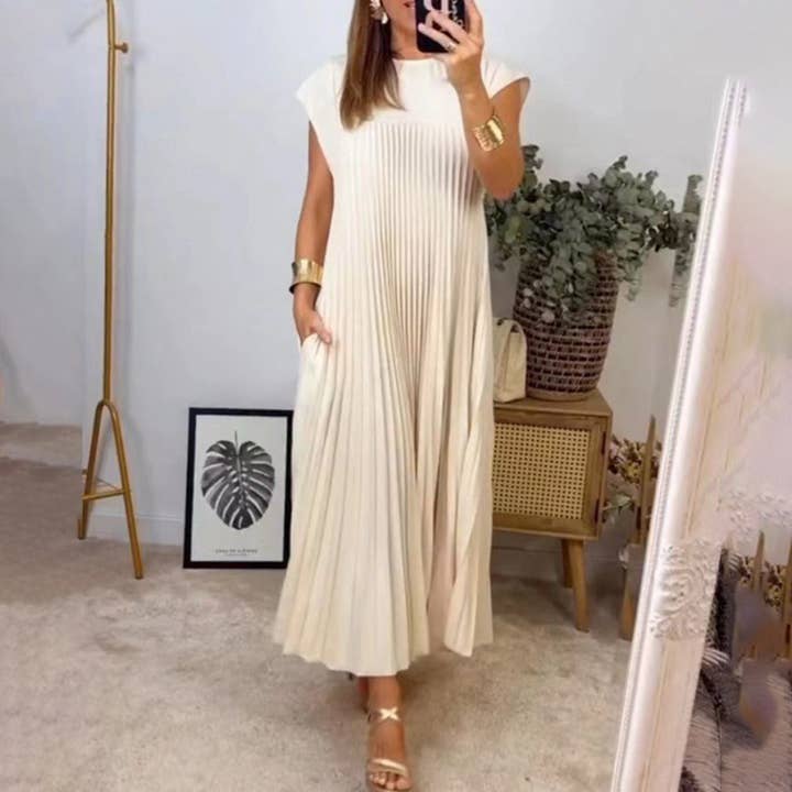 Elegant fashion round neck sleeveless pleated long dress for wholesale by Lily Clothing