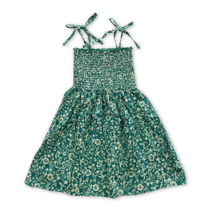 Suspenders elastic green floral baby girls summer dresses for wholesale by Yawoo Garments