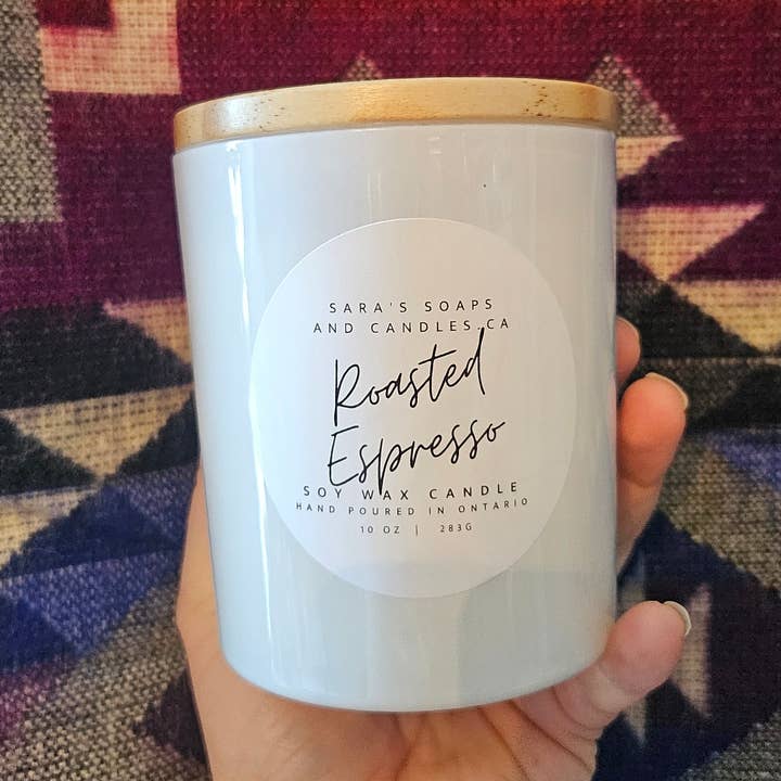 Vela de soja 100% de 10oz con aroma a espresso tostado para venta al por mayor de Sara's soaps and candles