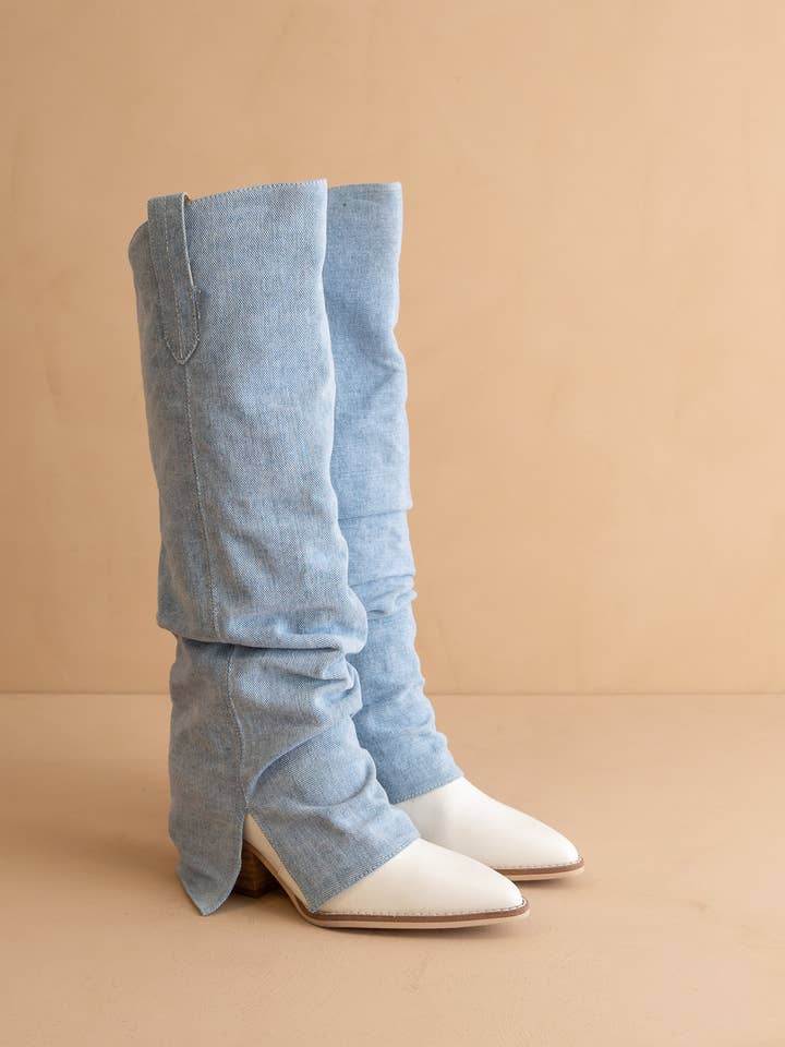 The Thea Denim | Fold Over Slit Jean Boot for wholesale on Faire