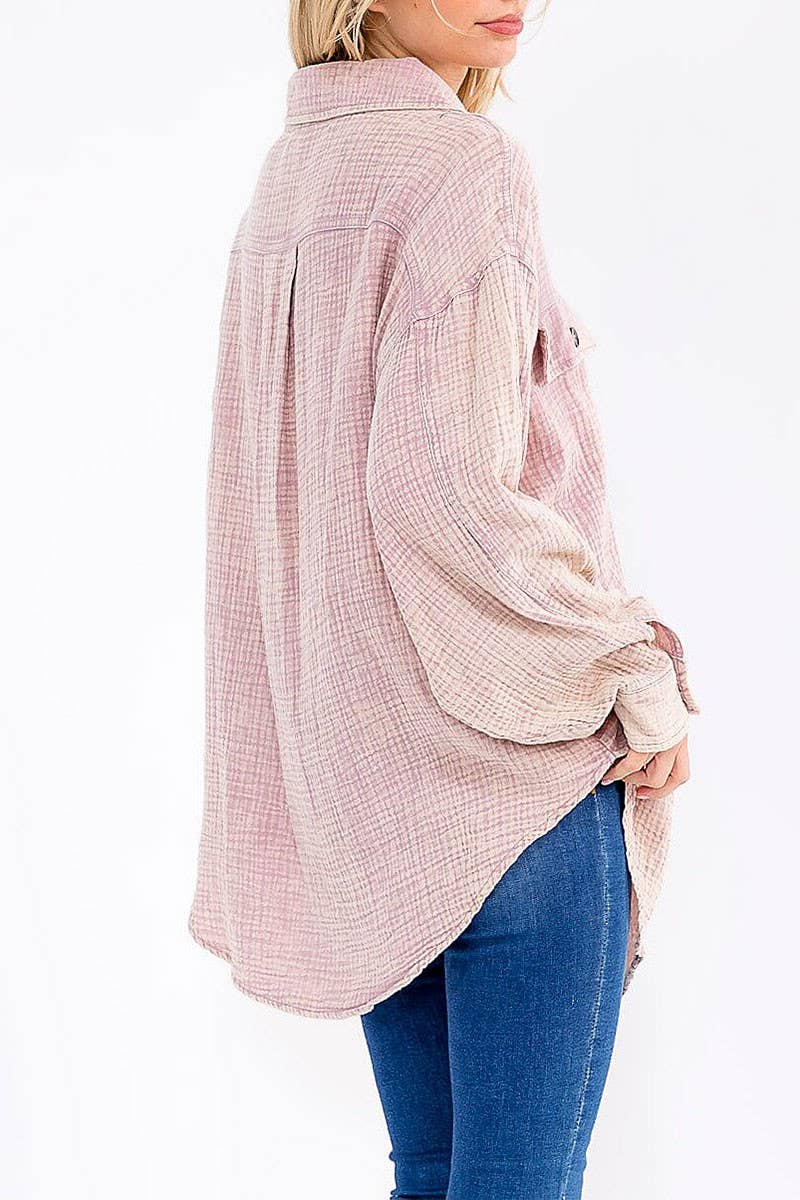 ROUSSEAU - Wholesale Button Down Shirt - Women's - BUTTON UP FRONT POCKETS WASHED OVERSIZED SHIRT9