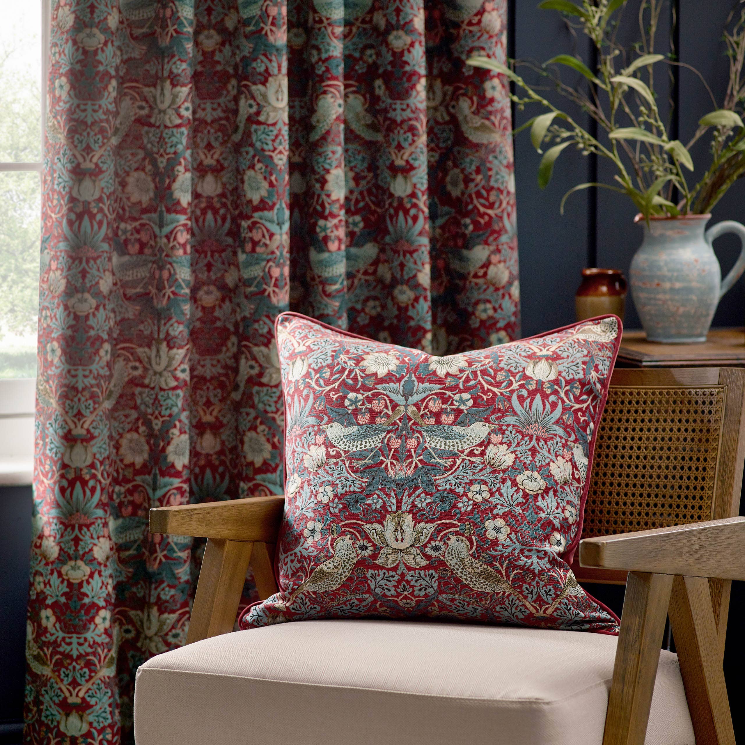 Strawberry Thief Piped Jacquard Cushion Berry for wholesale on Faire0