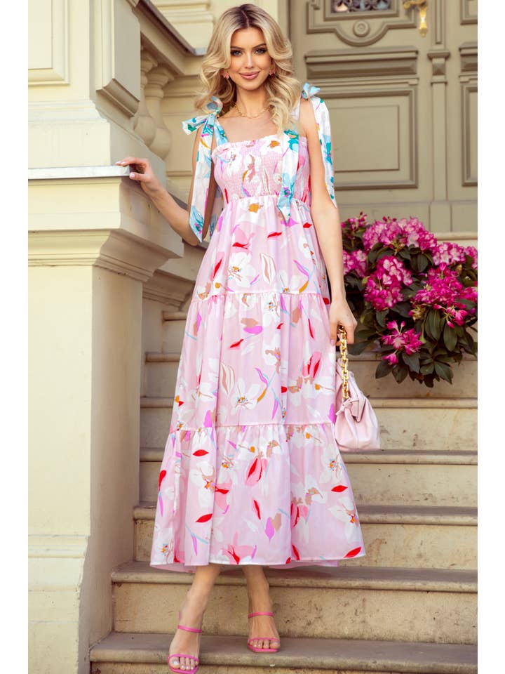 Pink Floral Print Knotted Shoulder Smocked Maxi Dress for wholesale on Faire