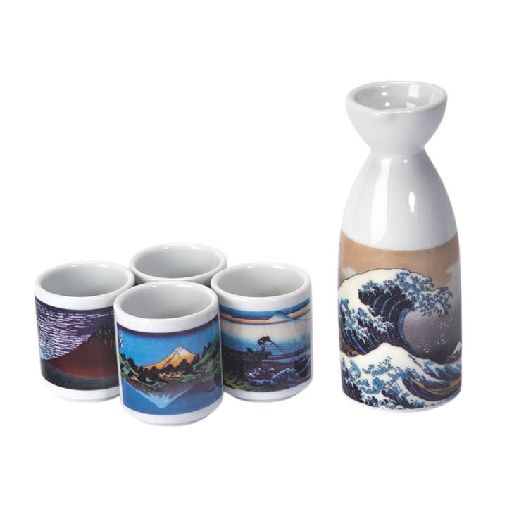 8oz Sake Bottle and 4 Cups Gift Set Hokusai Wave JP (1/36) for wholesale by Urban Tokyo