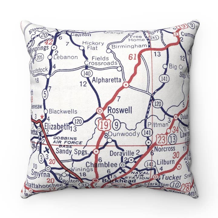 Roswell Georgia Map Pillow – 18" Square Throw Pillow for wholesale by Daisy Mae Designs
