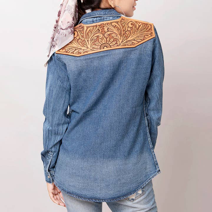 LC-ADSH025 Women's Mid-Wash Western Denim Shirt with High-Detail Hand-Tooled Leather Yoke for wholesale by LS Western