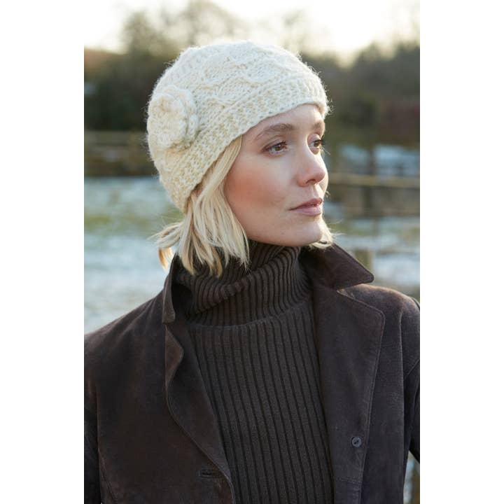 Chamonix - Cream Cable Knit Crocheted Flower Beanie Hat for wholesale on Faire