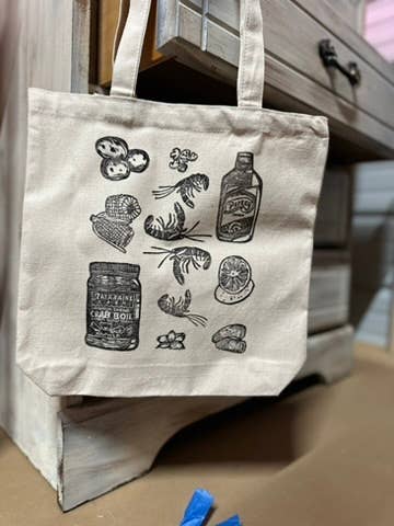 Crawfish Boil Tote Bag Block Printed for Cajun Food Lovers for wholesale by Jane Martin, Printmaker