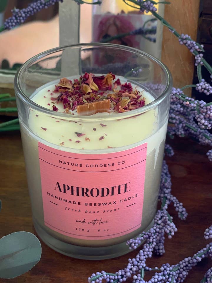 Aphrodite Fresh Rose Hand-Poured Beeswax Candle with Cracking Wood Wick for wholesale by Nature Goddess Skin Care