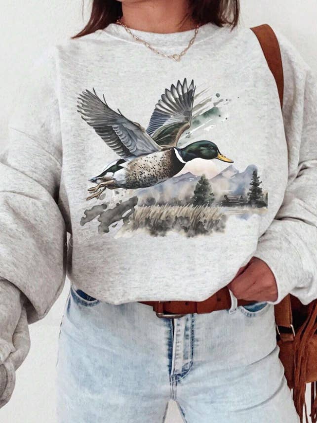 Rosa Clothing - Wholesale Sweatshirt - Women's - Retro Duck Mallard Wilderness Crewneck Sweatshirt in grey1