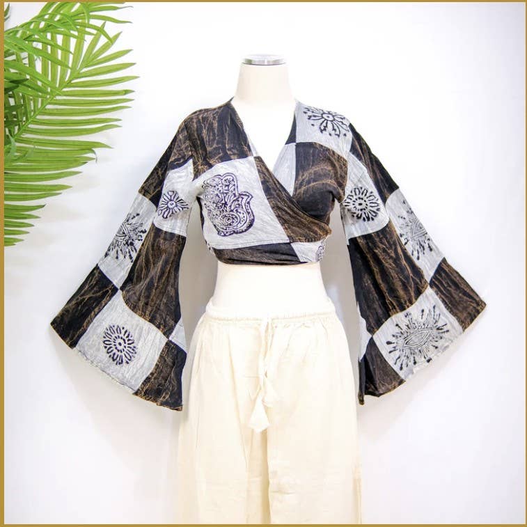 Karma Nepal Crafts – Blusa - Mulher por atacado – Tampo Wrap Top Cotton Mangas Bell3