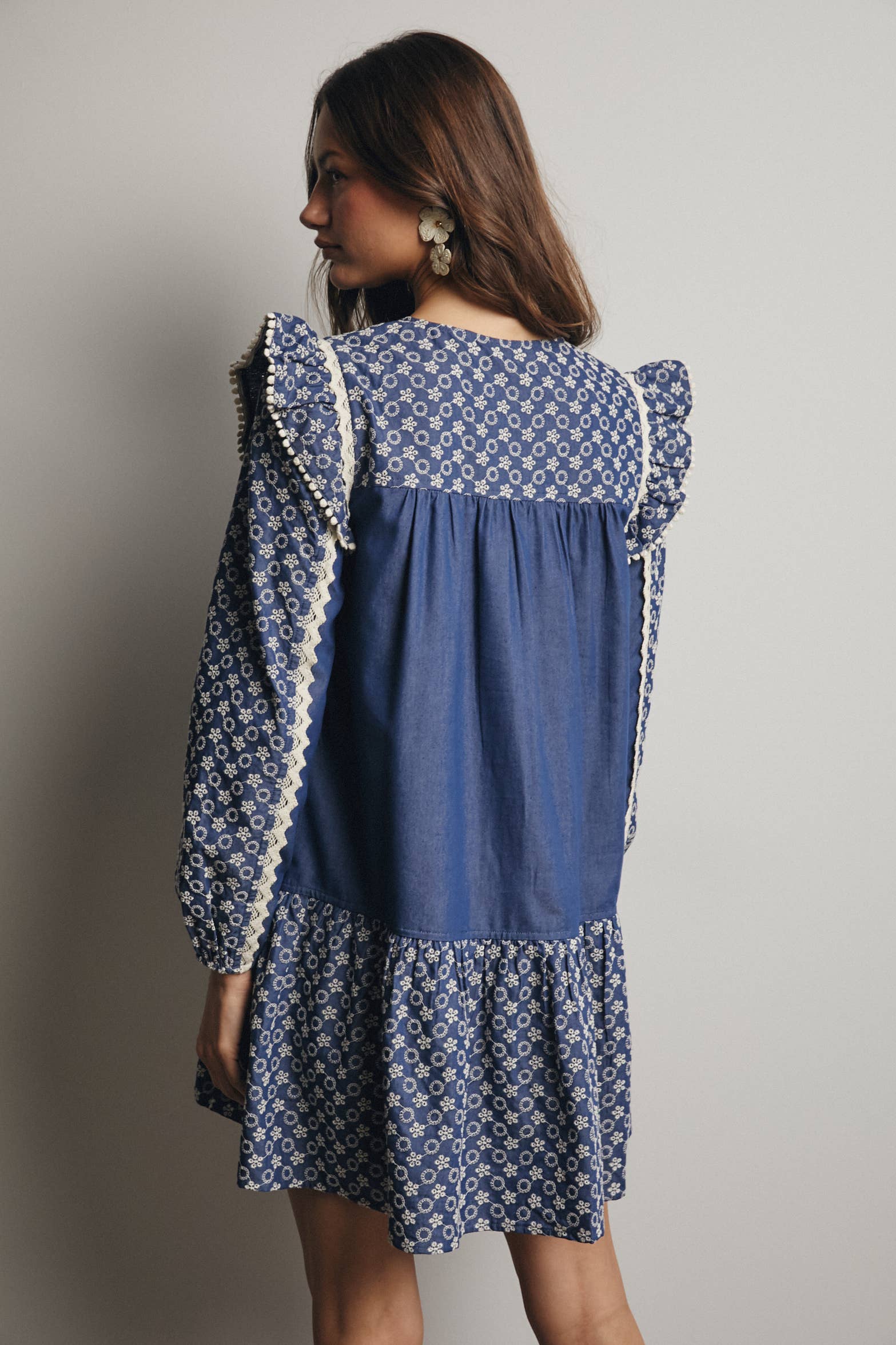 Denim Patchwork Lace Trim Mini Dress FD0012 for wholesale on Faire6