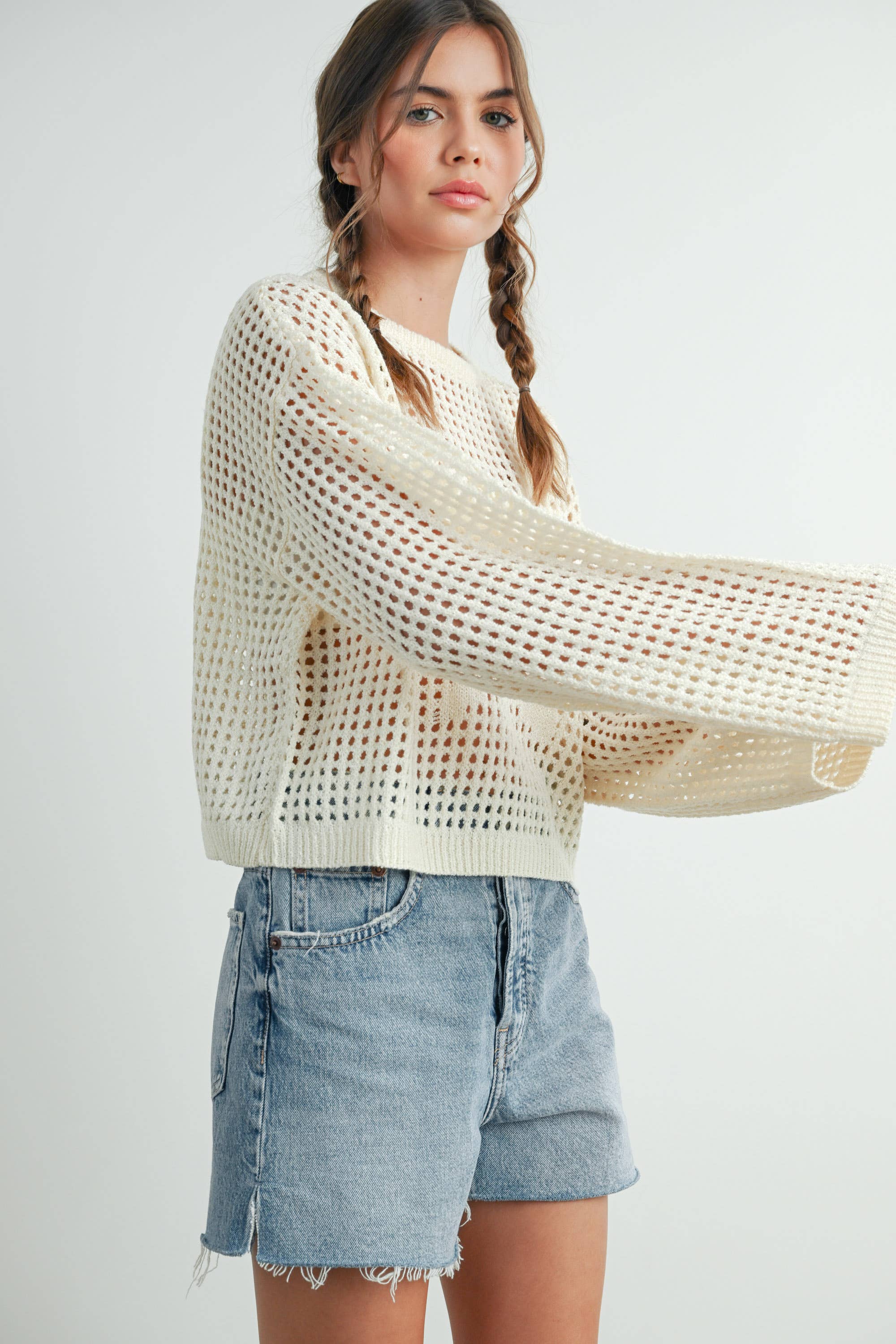 BUTTERMELON - Wholesale Knit Sweater - Women's - Crew Neck Crochet Sweater - BMW763328