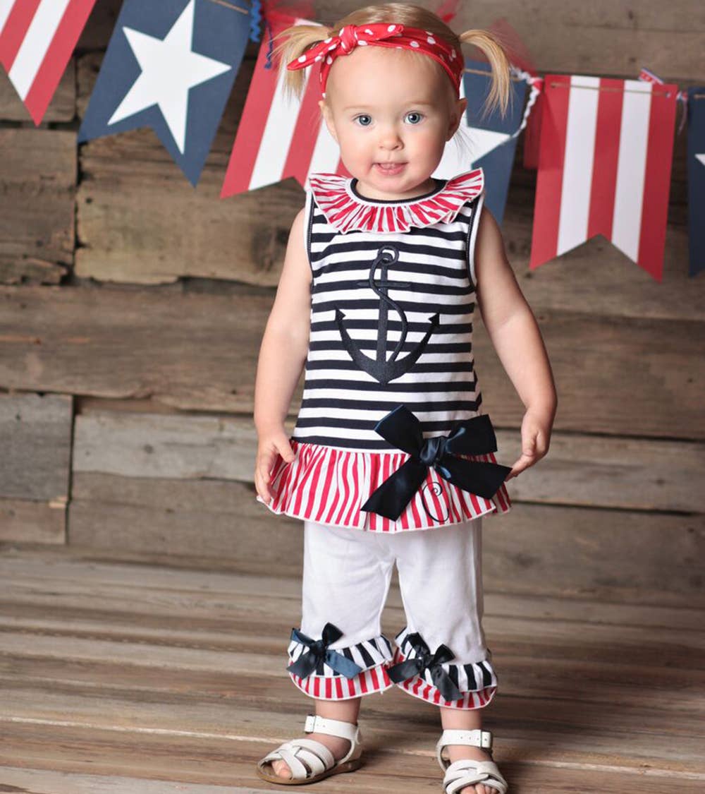 AnnLoren - Wholesale Top & Leggings Set - Kids - Girls Sailor Outfit Nautical Kids Clothing 4th Of July Set