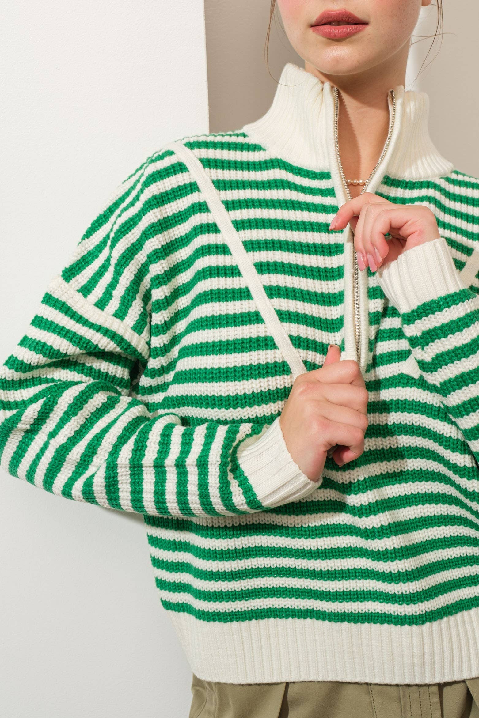 Creamon - Wholesale Knit Sweater - Women's - Preppy Californian Half-zip Striped Sweater-GREEN7