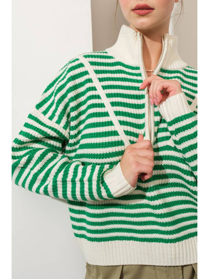 Creamon - Wholesale Knit Sweater - Women's - Preppy Californian Half-zip Striped Sweater-GREEN7