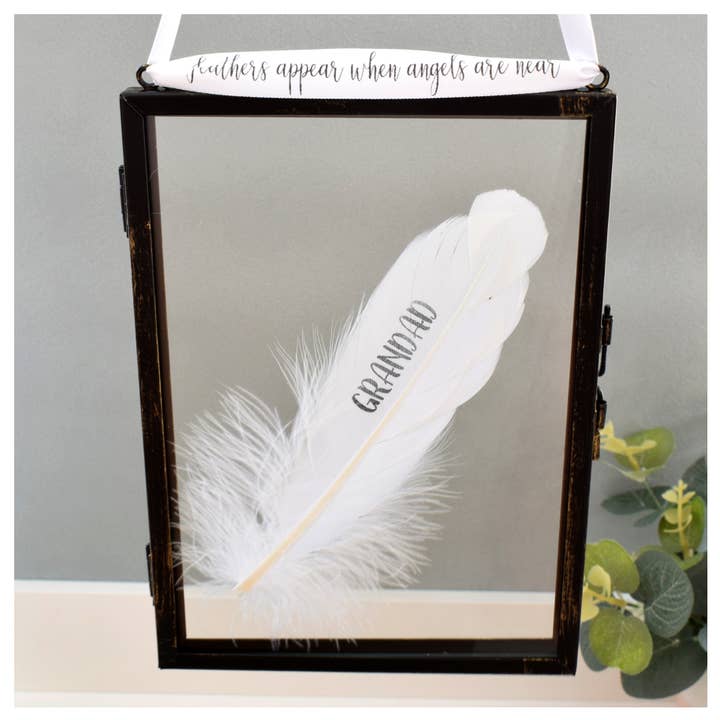 GRANDAD Memorial White Feather Hanging Frame.Memory Decor for wholesale by Amaya Rose Ltd.