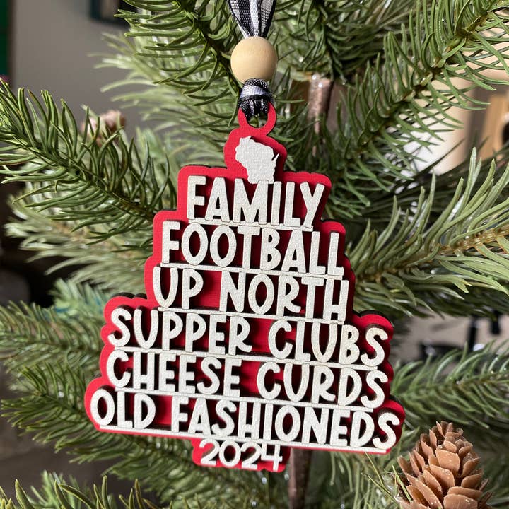 Novotny Designs - Wholesale Ornament - Wisconsin tree-shaped favorite things ornament - red