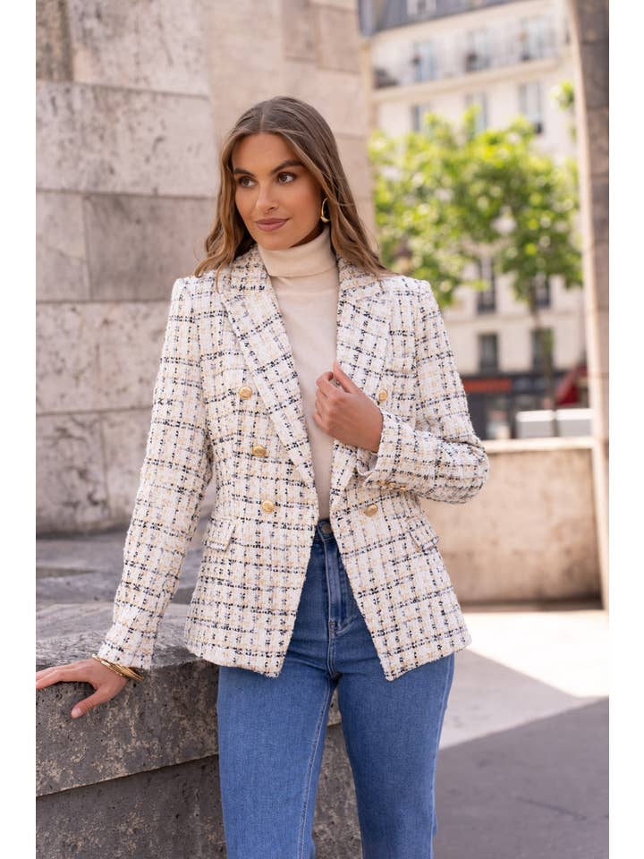 Attentif Paris – wholesale Blazer – Women's – Checked tweed double-breasted fitted blazer jacket