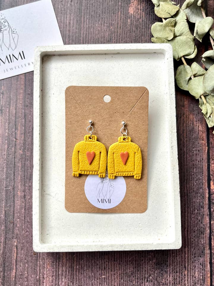 Mustard Heart Sweater Earrings for wholesale by Mimi Handcrafted