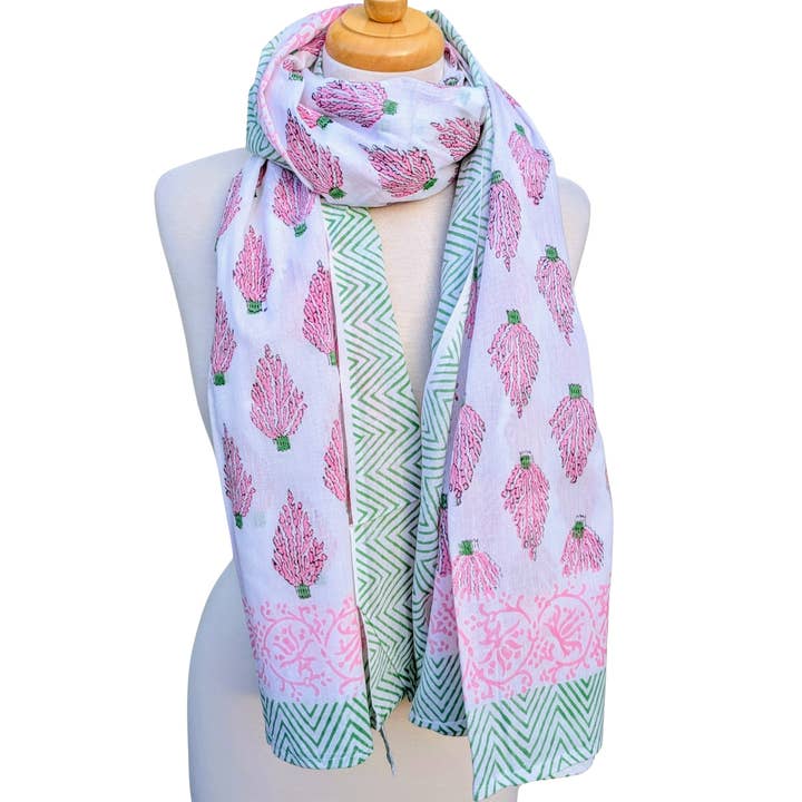 Pareo Sarong Lenço com Estampa de Bloco de Coral Rosa e Verde por atacado de Twinflower