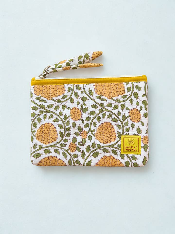 Block print Flat zip pouch - Quilted travel pouch - Passport pouch - Willow Blossom for wholesale by House of Mulmul LLC