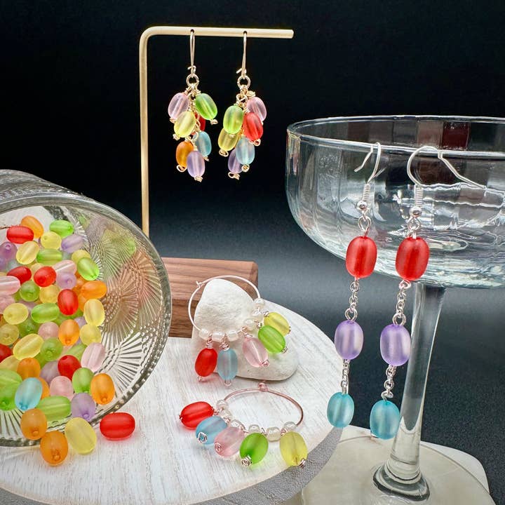 SoCal Creative - Wholesale Dangle earrings - Jellybean Beaded Drop Earrings in Gold, Silver or Rose Gold| Great Gift for Easter | Acrylic Jelly Bean 3 Drop Dangle2