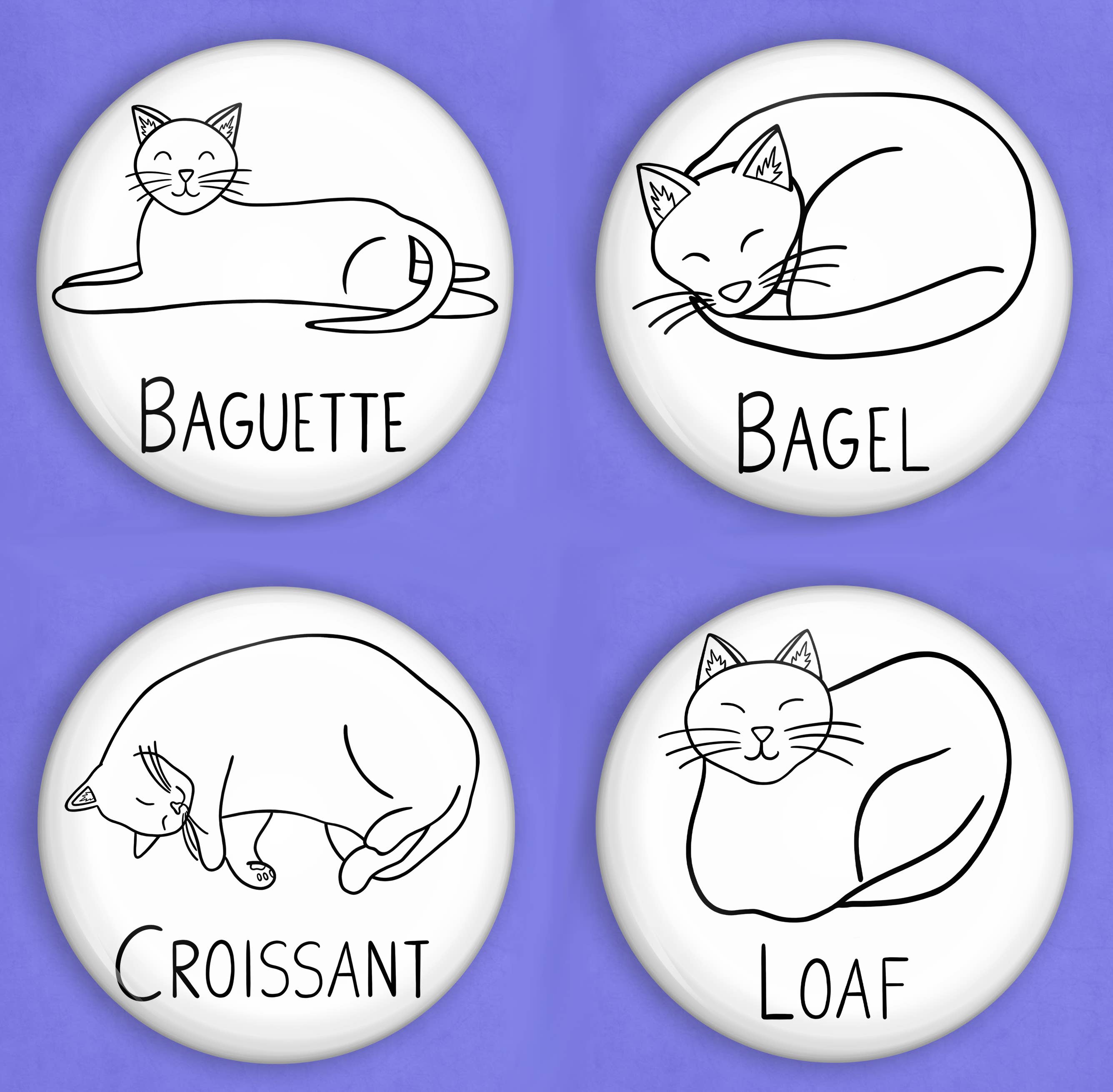 Caroline W Illustration - Wholesale Lapel Pin/Button - Cat bread pin set of 4 (1 inch diameter)1