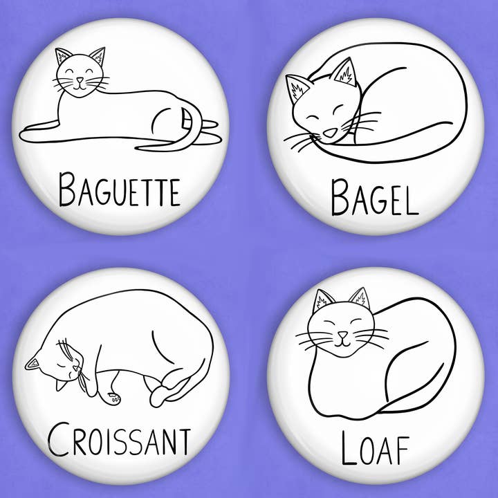 Caroline W Illustration - Wholesale Lapel Pin/Button - Cat bread pin set of 4 (1 inch diameter)1