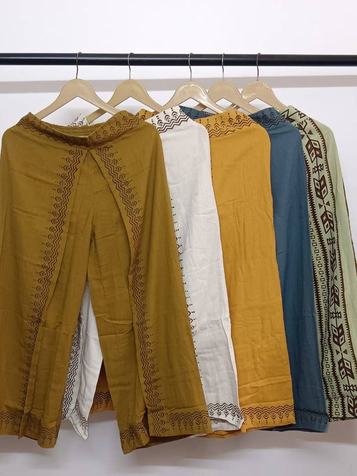 Damers naturliga khadi bomull blocktryck omlottbyxor i palazzostil för wholesale av Wevez