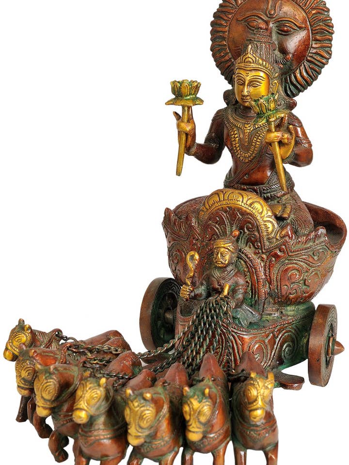 11" Brass Sun God Lord Surya Statue Handmade | Made In India for wholesale by Exotic India Art
